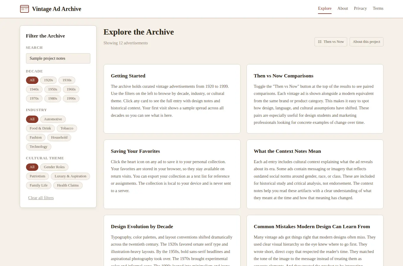 Screenshot of Vintage Ad Archive Explorer interface showing the project page in use